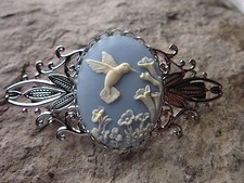 HUMMINGBIRD CAMEO SILVER FILIGREE BARRETTE - BLUE - BRIDAL - WEDDING