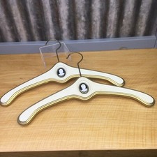 2 Vtg Wooden Clothes Hangers w/ Cameo Woman Profile Regency MCM Cream  Gold 18"