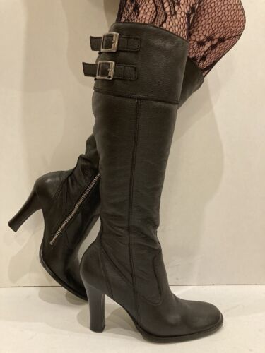 Vintage Dolcis Black Leather Knee High Boots UK5 EU38 Good Condition - Afbeelding 1 van 11