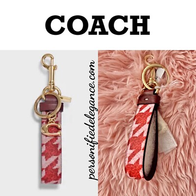 NEW Coach Pink Red Loop Houndstooth Print Purse/Bag Charm Keychain