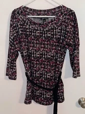 AB Studio Women's Size Large Blouse Top with Belt Black Gray Wine 3/4 sleeve