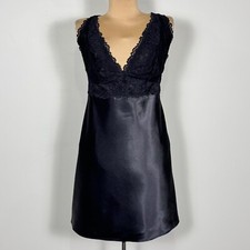 Jones New York Lace Trim Slip Dress Black Satin Large Whimsigoth Plunging Neck