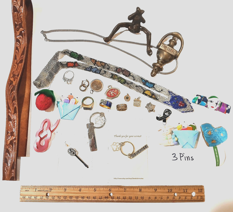 Mixed junk drawer jewelry, brass items monkey hook, necklaces pins, ring, charms