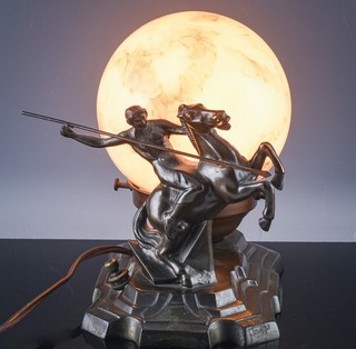 FABULOUS c1930 ART DECO MAIDEN ON HORSE BRONZED SPELTER & CZECH GLASS RADIO LAMP