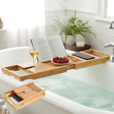 LKH HOME COLLECTION Bamboo Bath Tray Caddy 78–105cm Expandable Bathtub Rack with Wine Holder Slot