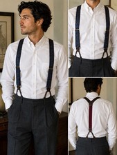 Vintage Trafalgar Silk Suspenders Navy Burgundy Paisley Leather Button Braces US