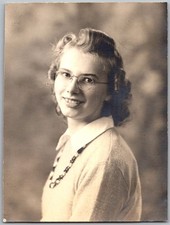 Vtg Snapshot Smiling Young Woman Glasses Sweater Necklace Des Moines 1944