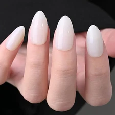 evpct Glossy Press on Nails Short Almond Short for Women, Grey White Fake Nai...