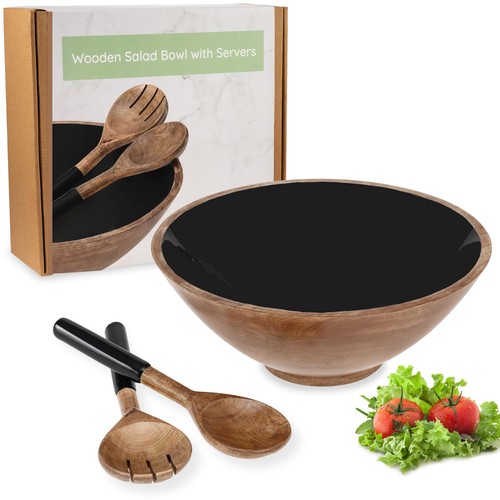 Wooden Salad Bowl Set Large 12" with Server Tongs Spoons - Wood Bowl with Ser... - Picture 2 of 5
