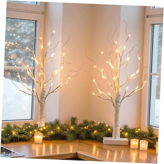  2 Pcs Lighted Birch Tree Battery Powered Tabletop Tree White Birch Tree -2