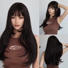 Real Human Hair New Fashion Long Natural Dark Brown Wavy Women's Full Wigs 24 In