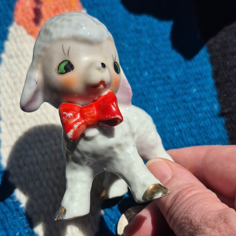 Porcelain Sheep Figurine Red Bow Gold Hooves Made in Japan Collectible