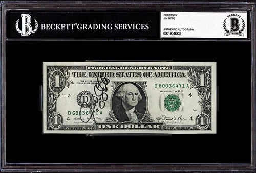 **RARE** Jim Otto Signed $1 One US Dollar Bill Encapsulated Beckett BAS