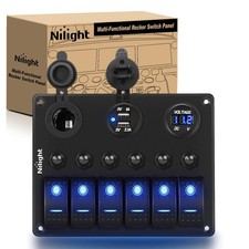 Nilight 6 Gang ON/OFF Rocker Switch Panel 12V Voltmeter Dual USB Charger Cigaret