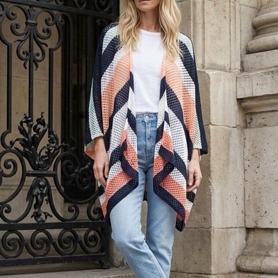Anthropologie Crochet Kimono Poncho Cardigan Multicolor Chevron Open Knit NWT