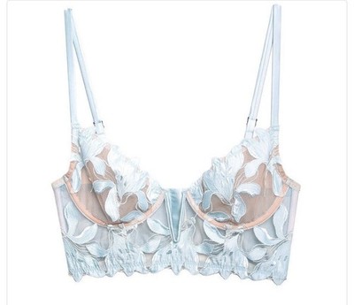 Fleur du Mal Lily Embroidered Sheer Mesh Coquette Silk Glacier Bra Size 40G NWT