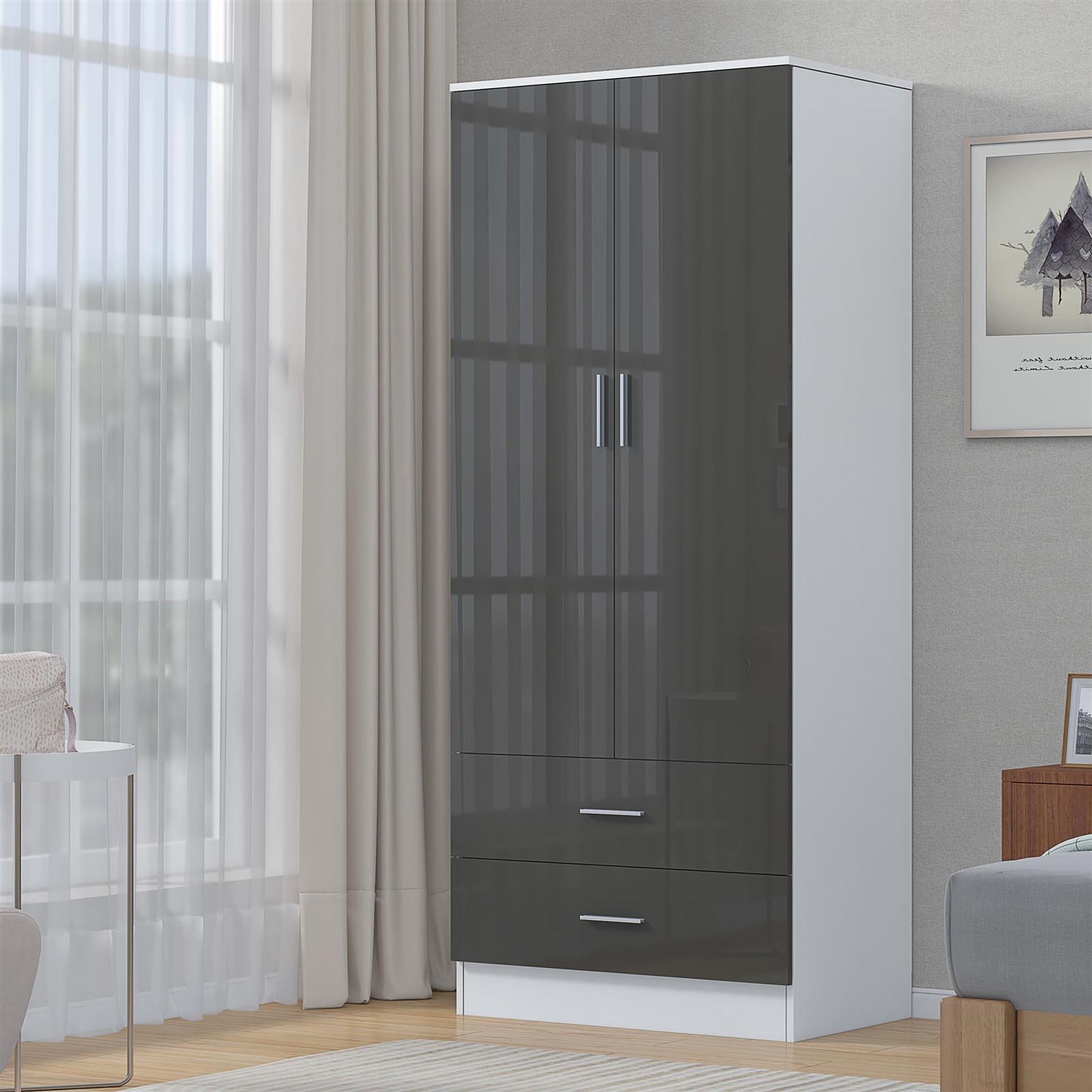 Reflect Wardrobe 2 Door 2 Drawer - Grey High Gloss Front / White Matt Finish - Grey Gloss / Matt White - Image 6