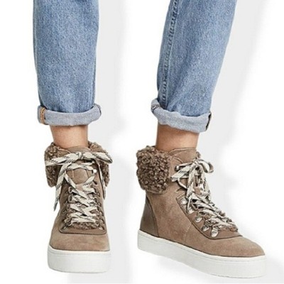 $185 SAM EDELMAN LUTHER Taupe Suede Designer Faux Shearling Sneaker Boots 9.5