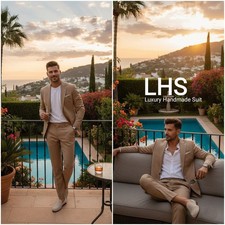 Two piece tailored luxury Tan suit for men, models for wedding, party, dating