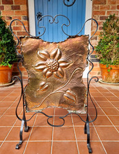Stylish Arts And Crafts Copper & Wrought Iron Fire Screen With Floral Motif