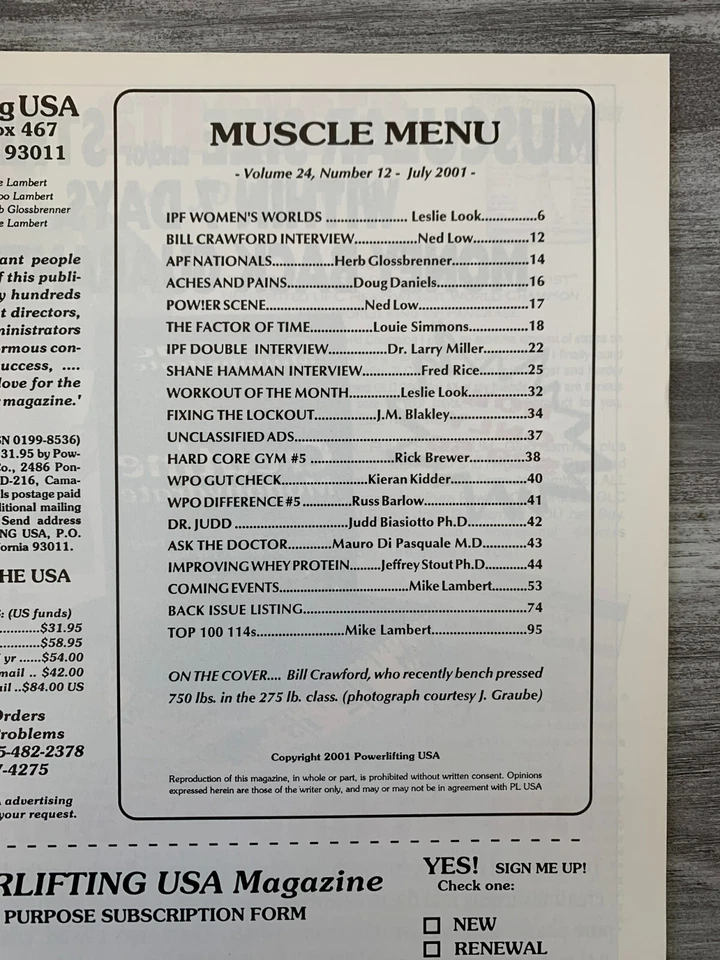 2001 July POWERLIFTING USA Magazine v.24 #12 FN+ 6.5 Bill Crawford Interview - Image 2 of 3