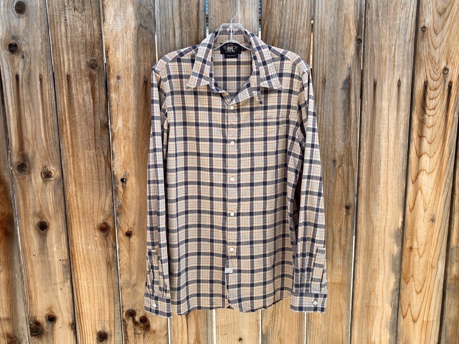 RRL beige 1920s COTTON PLAID/CHECK CHIN STRAP WORK SHIRT M DOUBLE RL