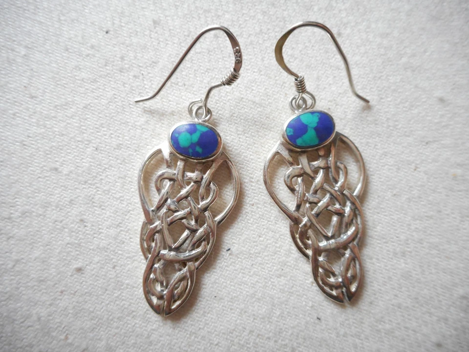 Sterling Silver 925 Celtic Knot Azurite Dangle Earrings   181611 - Image 3 of 4