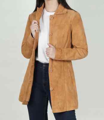 Brauner Wildledermantel Damen 3/4 Länge mit Knopfleiste 2XL