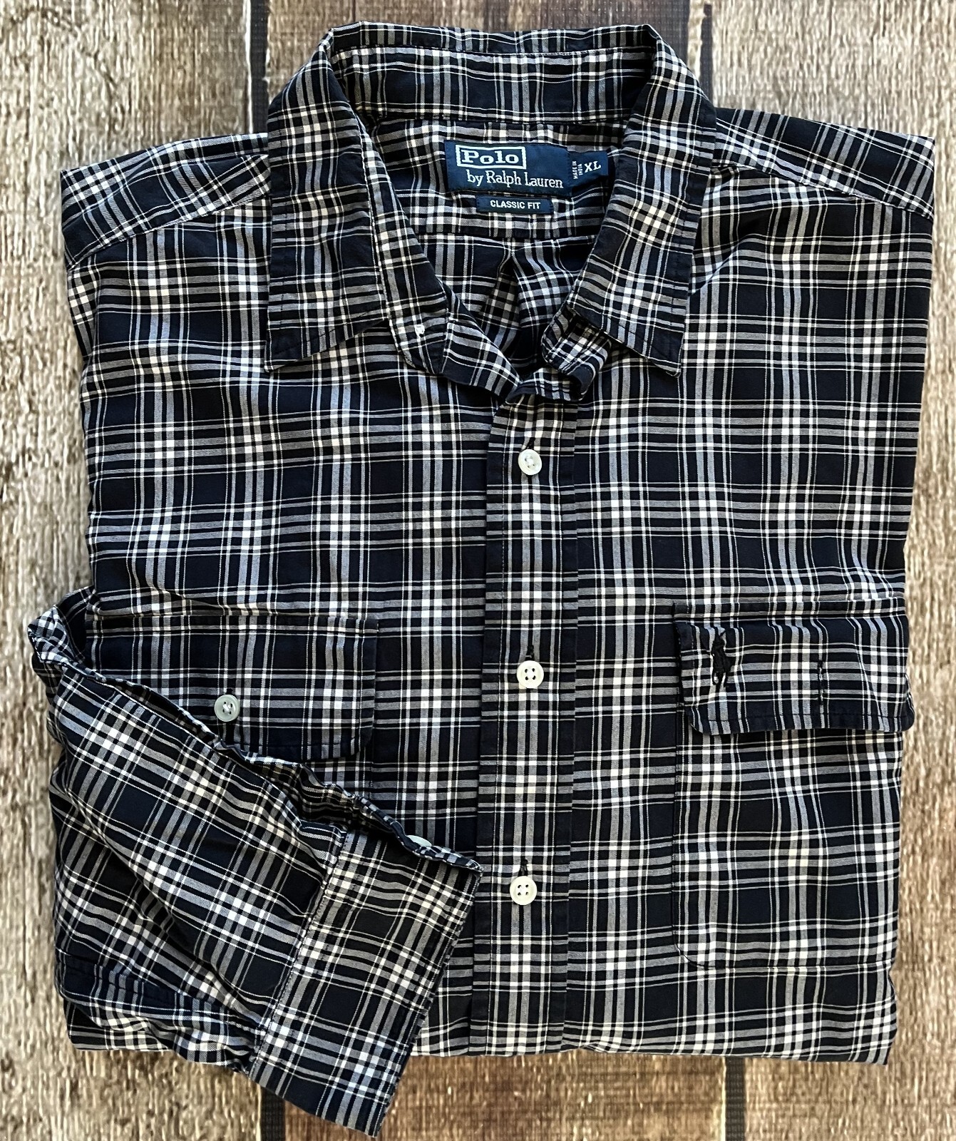 VINTAGE POLO RALPH LAUREN CLASSIC FIT PONY POCKET PLAID SHIRT NAVY BLUE MENS XL
