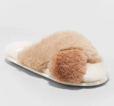 Stars Above Slippers Womens S M or L Faux Fur Crossband Taupe and Cream A5011