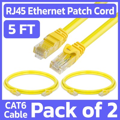 2 Pack Yellow Cat6 Ethernet Patch Cord 5ft LAN Internet Wire Cat 6 Network Cable