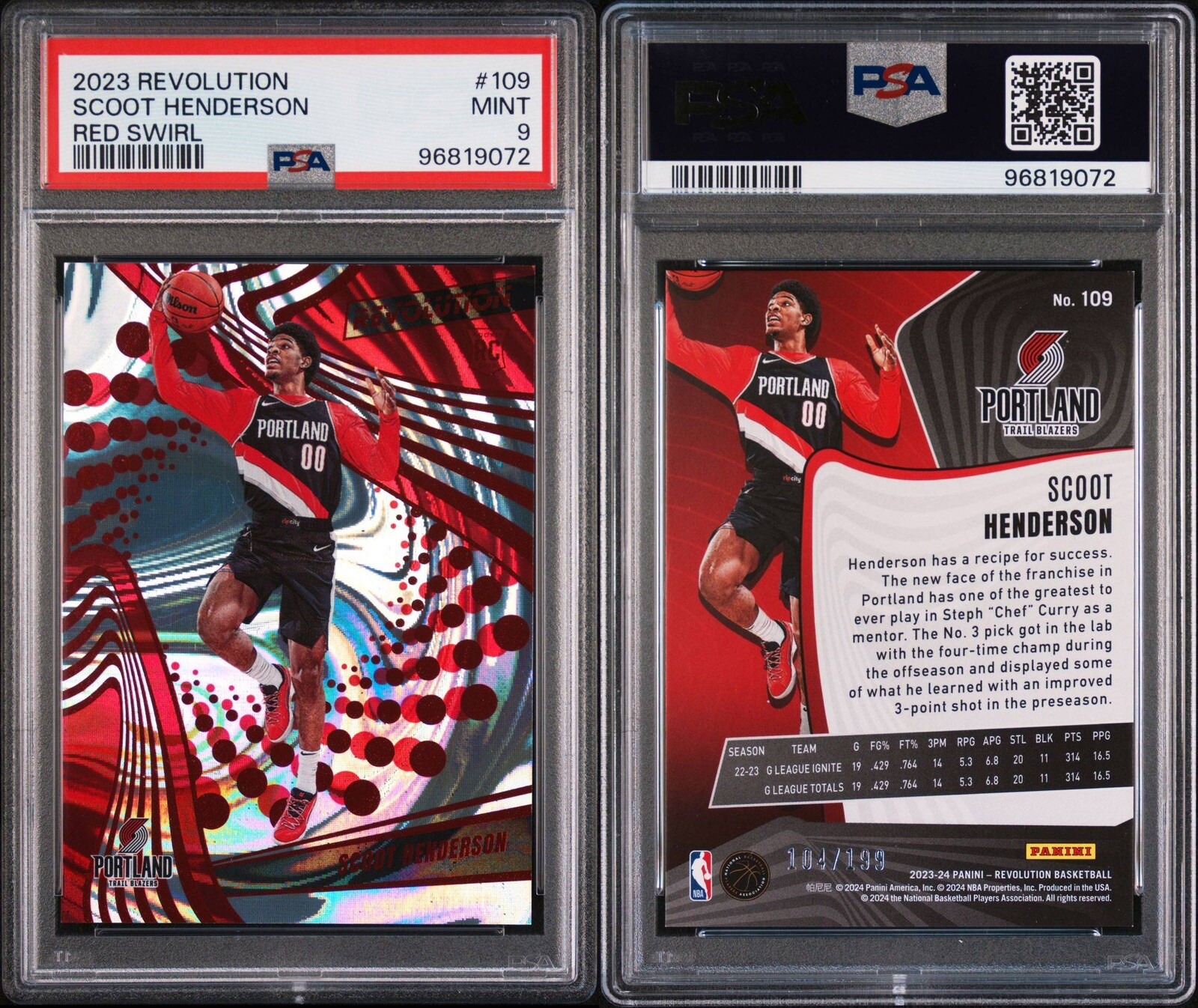 2023-24 Panini Revolution Scoot Henderson Red Swirl /199 PSA 9 Trailblazers