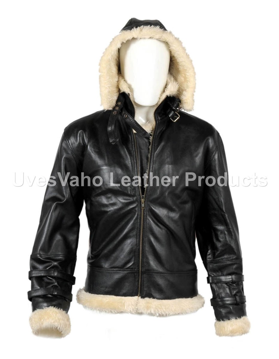 Men Bomber WWII Cream Faux Fur Black Sheep Leather Flying Jacket