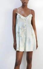 Zara Women's Medium Dress Strappy Tie Dye Tiered Babydoll Mini Green Blue EUC