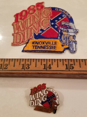 1985 Wing Ding Knoxville Biker Motorcycle Rider Screw Back Pin GWRRA & 3'' Patch