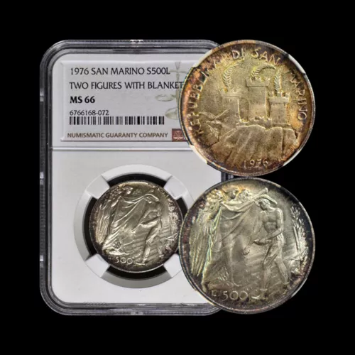 SAN MARINO. 1976, 500 Lire, Silver - NGC MS66 - Social Security, Farm, Angel 🌈