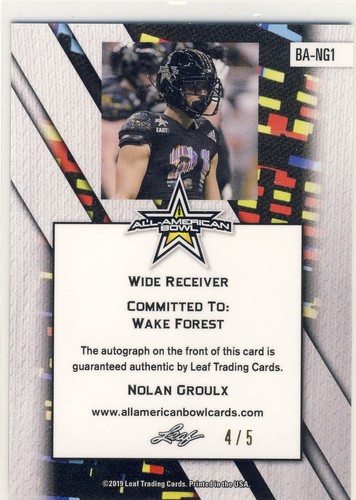 NOLAN GROULX 2019 Leaf Metal Army All American Bowl Silver /5 AUTO CHARLOTTE - Afbeelding 2 van 2