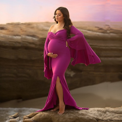 Pregnant Women's Dress Maternity Long Ruffle Sleeve Gown For Photography Shoot - Zdjęcie 14 z 30