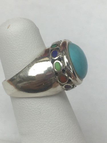 Sterling Silver Turquoise Ring Colorful Enamel Halo Size 4.75 - Picture 7 of 9