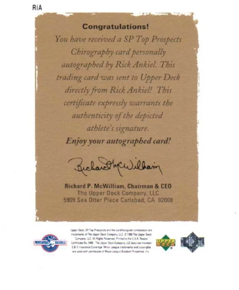 Rick Ankiel 1999 UD Upper Deck SP Top Prospects Quirografía Autógrafo #RIA Automático Foto 2 de 2