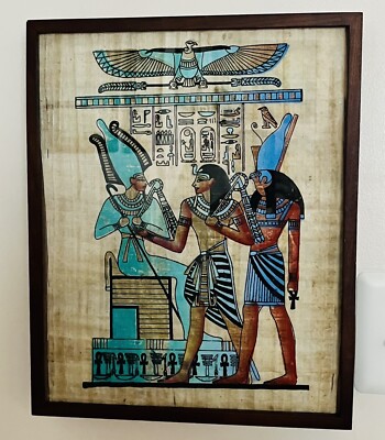 Framed Egyptian Hand Painted Papyrus Of''HOURMOHEB STANDS BEFORE OSIRIS & HORUS''