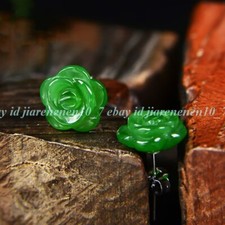 Hand Carved Green  White Jade Rose Flower Healing Reiki Dainty Stud Earrings