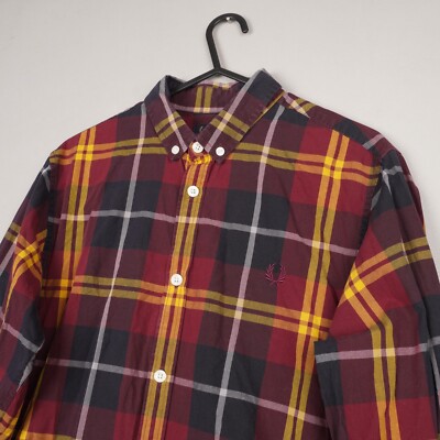 Fred Perry Hemd Herren Small rot gelb kariert Langarm Knopfleiste Slim Fit B65