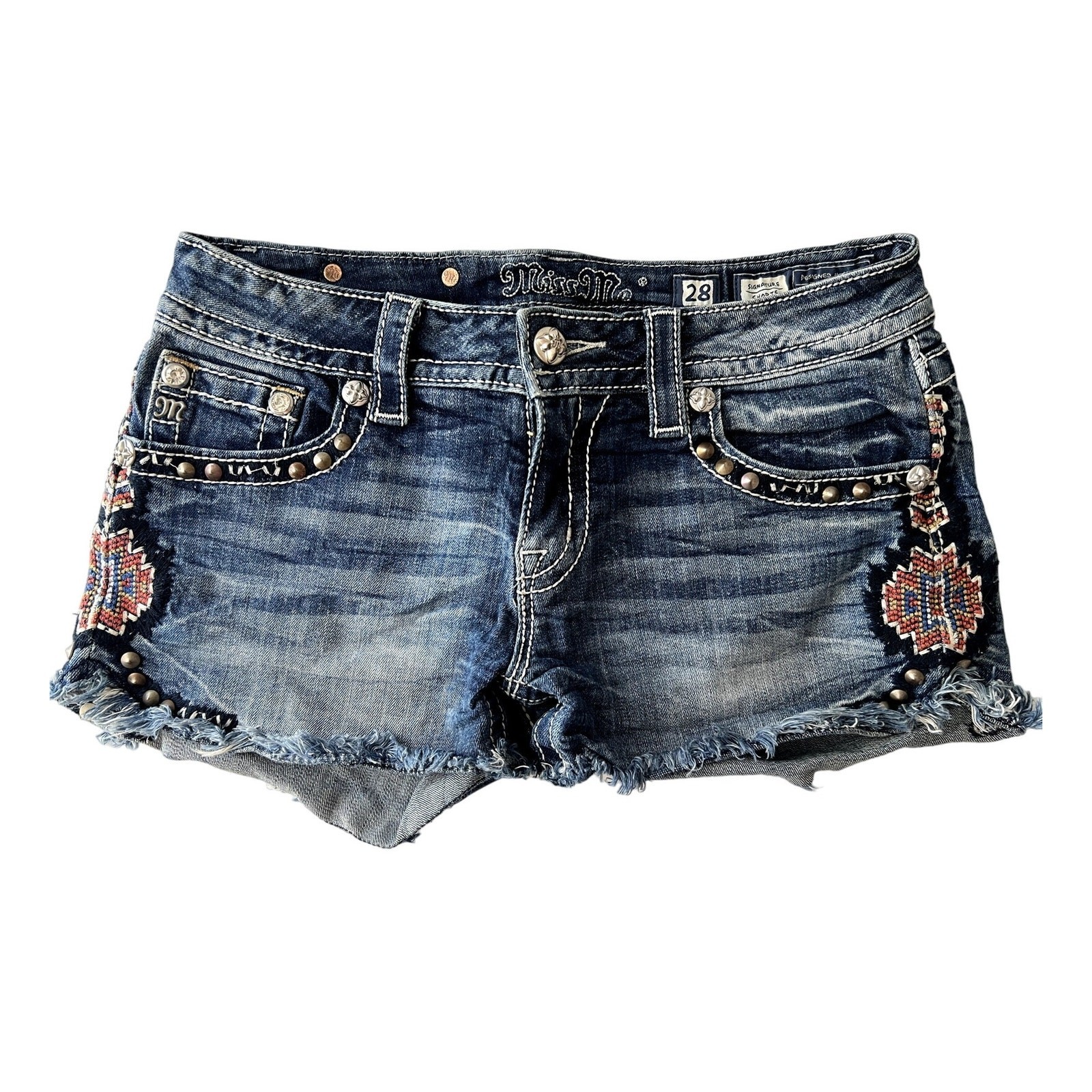 Miss Me Embroidered Tribal Studded Fringe Sexy Women's Denim Shorts Size 28