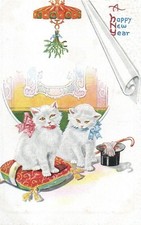 VINTAGE NEW YEAR GREETING postcard:  WHITE CATS mistletoe top hat