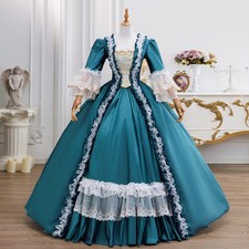 Square Neck Teal Rococo Ball Gown Ruffled Long Sleeve Victorian Dress Custom