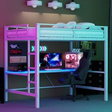 Full Size Gaming Metal Loft Bed Frame with LED Light, USB Charge Station and Des