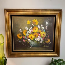 VTG Still Life Oil Painting On Canvas Flowers Signed Gold Framed 32" x 28"
