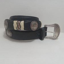 VTG Tony Lama Scalloped Leather Silver Concho Belt size 32 Western Woven Accent