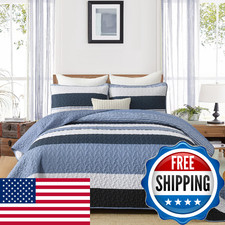 Dinjoy Boho Quilt King Sizemineral Blue Striped Bedding Sets Patchwork